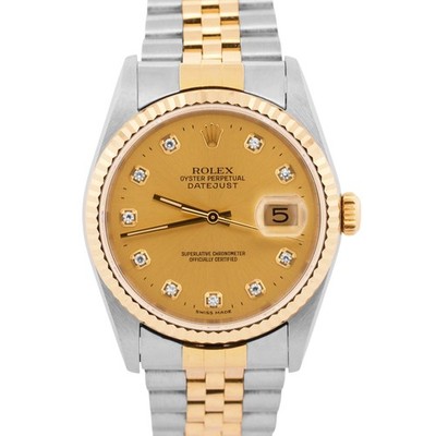 Rolex DateJust 36mm CHAMPAGNE DIAMOND 18K Yellow Gold Steel JUBILEE Watch 16233