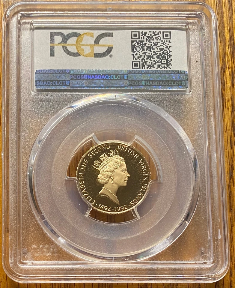 ¡Solo 1 TopPop! Islas Vírgenes Británicas 1992 FM Oro $100 PCGS PR70DCAM Ferdinand Foto 2 de 2