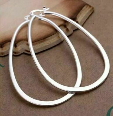 Womens 925 Sterling Silver 68mm Extra Large Oval U Shaped Hoop Earrings 