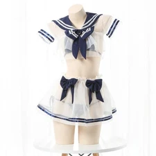 Womens Bow Students Uniform Sexy Lingeries Transparent Sleepwear Cosplay Costume