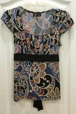 AB Studio Womens Pullover Blouse Size Small Blue Beige Multi Empire Waist Y3 