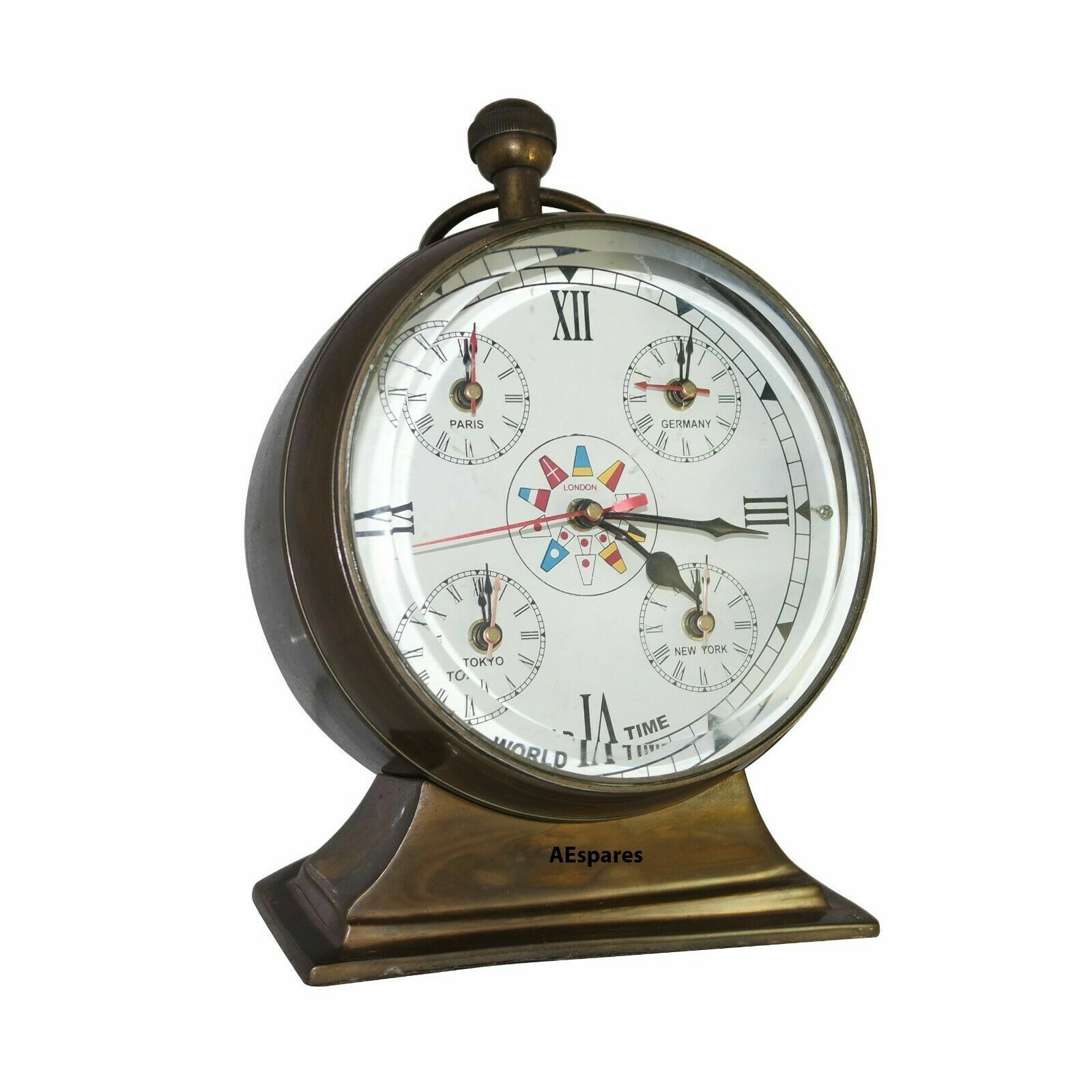 Vintage Brass Clock World Time Clock Wall Decor Nautical Gift 5 Time Zones NEW