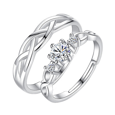 2pc Couple His&Hers Wedding Ring Engagement Promise Stainless Steel CZ Open Band