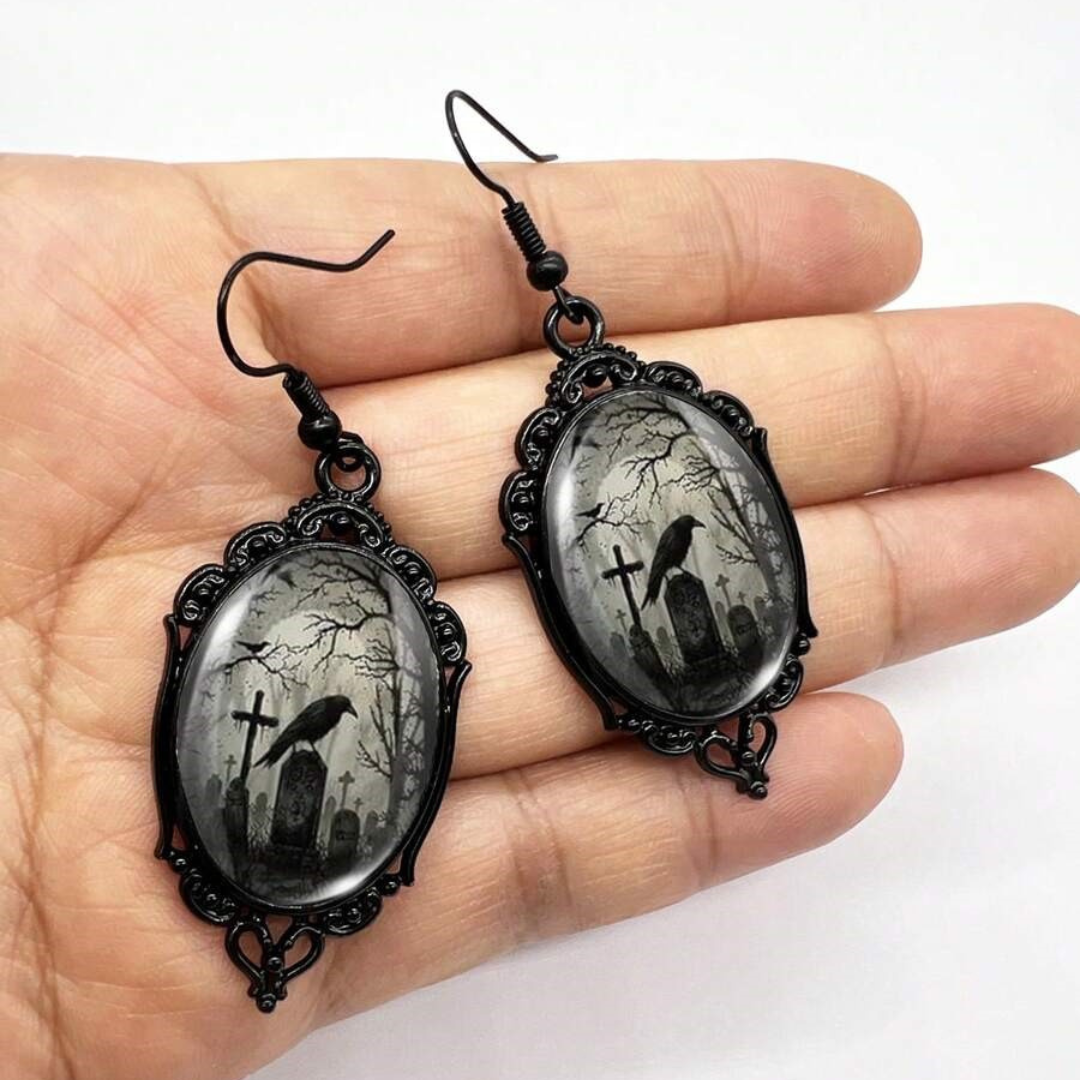 Vintage Black Lace Crow Twig Earrings Gothic Halloween Jewelry