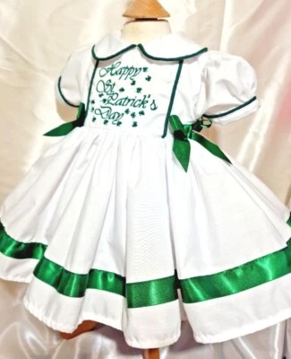 DREAM 0-8 years BABY GIRLS St Patricks day embroidered white emerald puffy dress