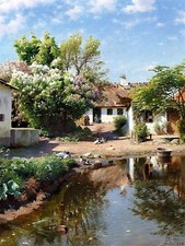 Landscape village duck lilac by P. Monsted Tile Mural Kitchen Backsplash Ceramic