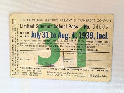 Limitierter Sommerschulpass: The Milwaukee Electric Railway & Transport Co. 1939