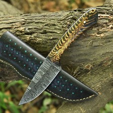 Hand Made Damascus Steel Blade Hunting Knife Pine Cone Handle Engraved Sheath