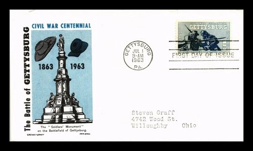 US COVER CACHET CRAFT FIRST DAY OF ISSUE GETTYSBURG CIVIL WAR CENTENNIAL 1963