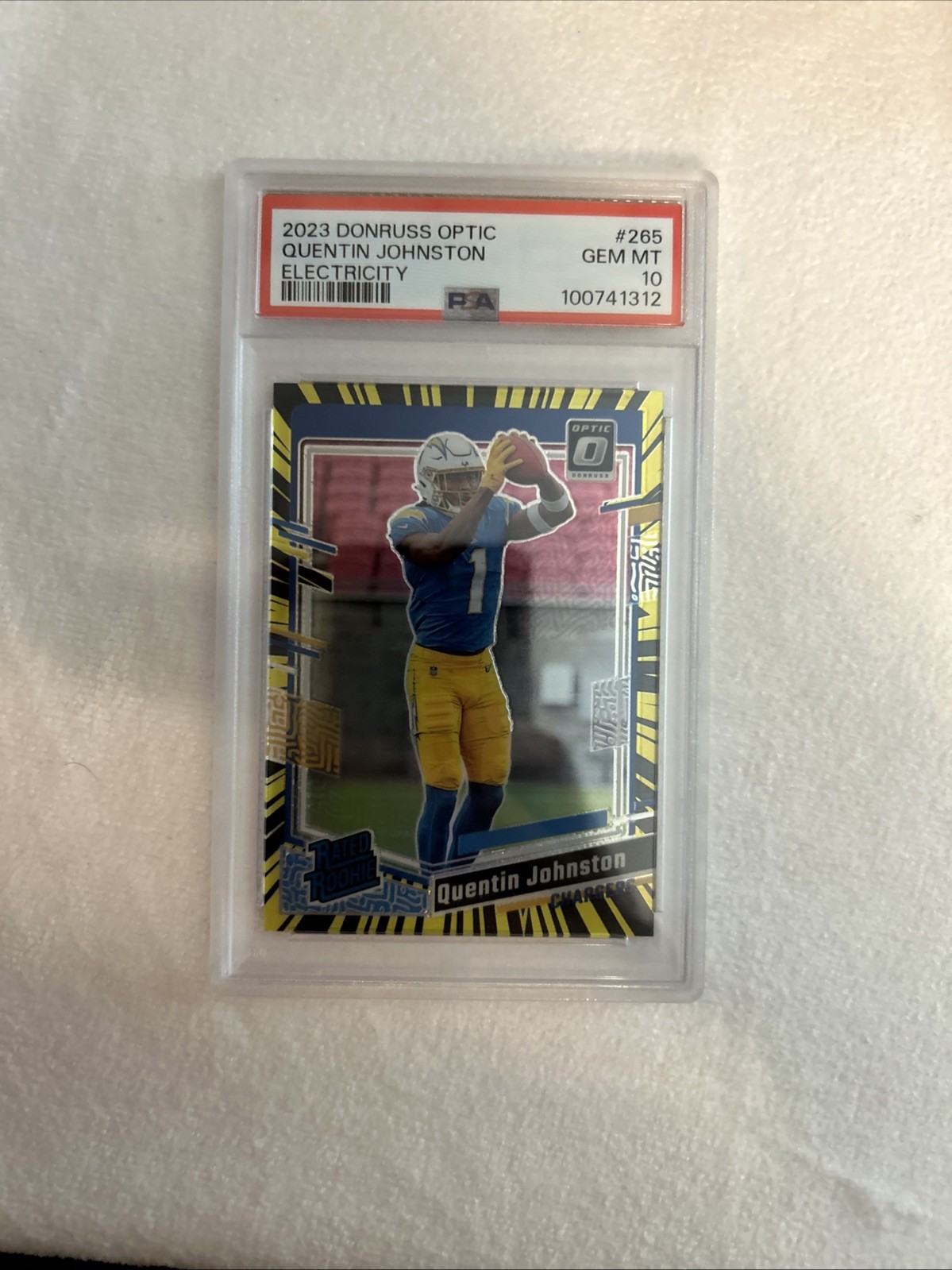 2023 Optic - Rated Rookie Quentin Johnston Electricity Prizm /69 (RC) PSA 10