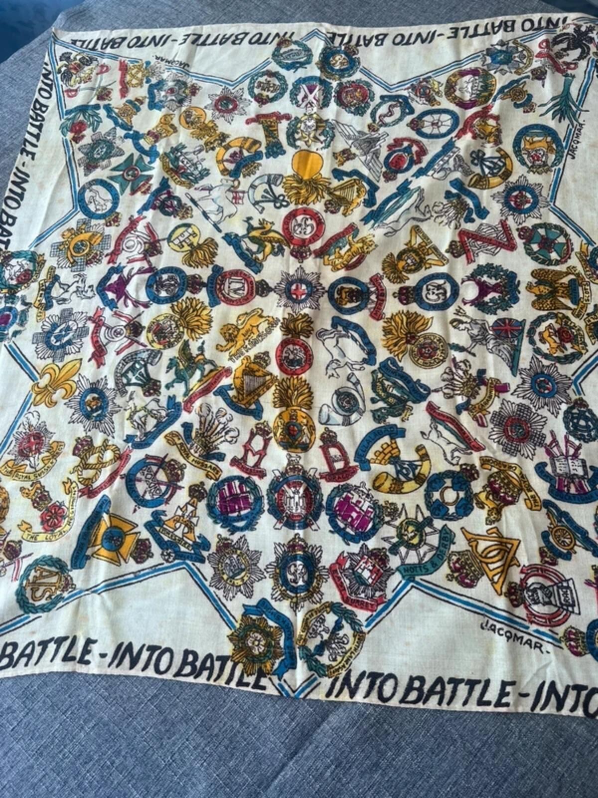Rare Jacqmar “Into Battle” WWII scarf 85 x 90 cm