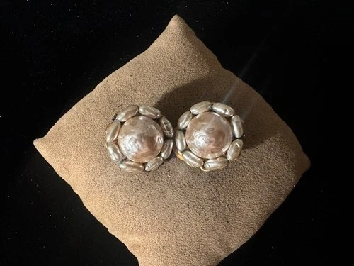 Vintage Miriam Haskell Baroque Faux Pearl Encrusted Gold Tone Clip Earrings