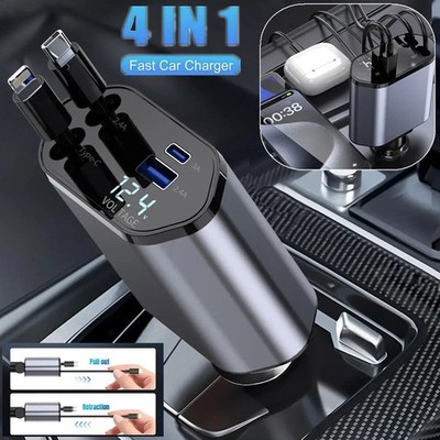 120W 4-in-1 Retractable Car Charger USB-C Fast Charge 4 Devices