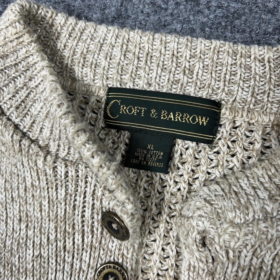 Croft & Barrow Sweater Mens XL Beige Oatmeal Cotton Henley Ribbed Knit Fisherman - Image 2 of 4