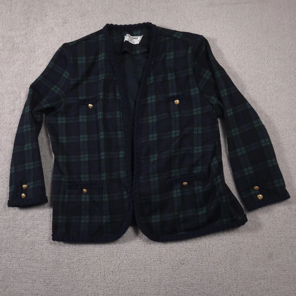 Chaqueta Alfred Dunner para mujer Petite 16 verde a cuadros botones delanteros abiertos hecha en EE. UU. Foto 2 de 4