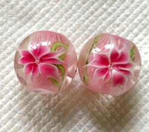 10pcs-handmade-Lampwork-glass-round-Beads-flower-14mm-pink-lily-flower