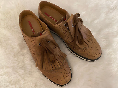 PRADA Man Shoes Tan Brown Wingtip Kiltie Derby Platform Lace 
