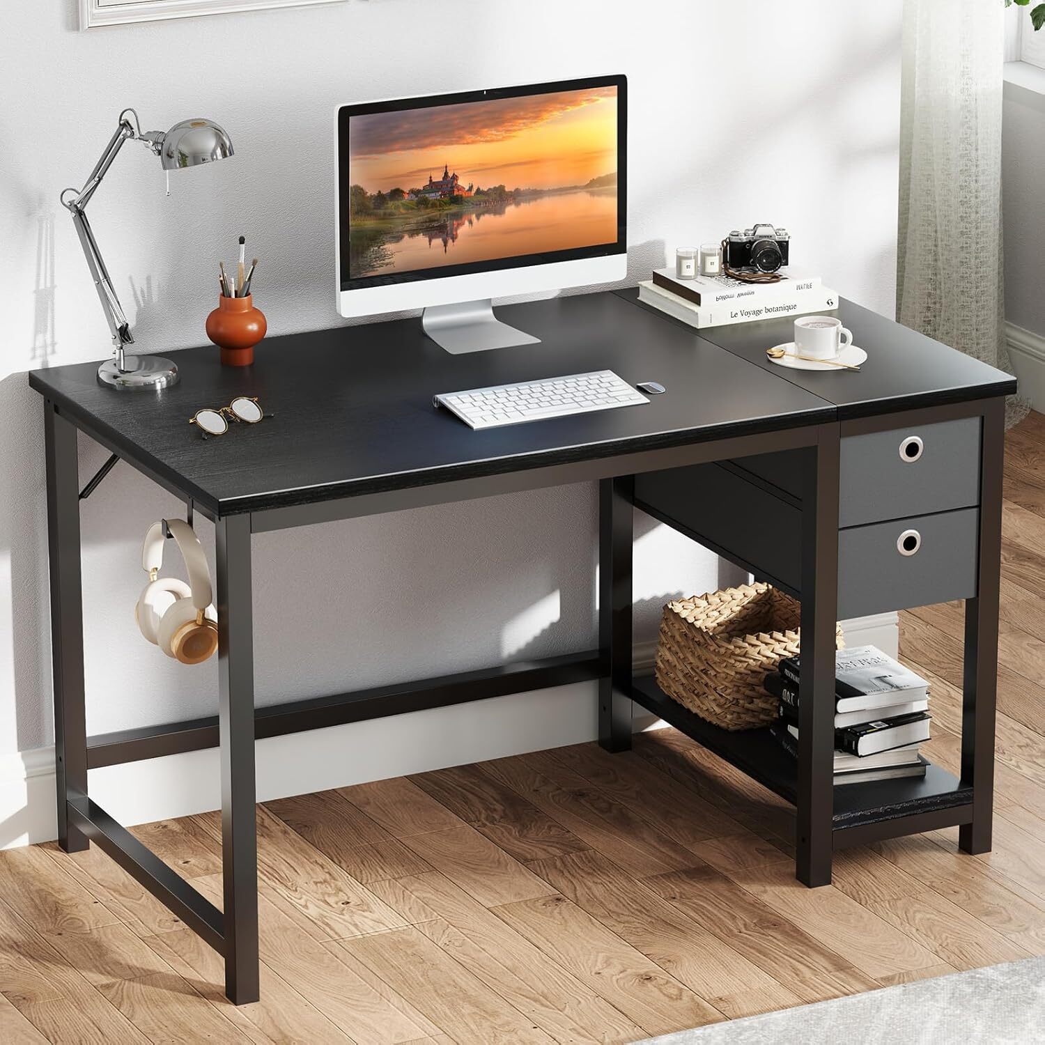 Modern Computer Desk with Storage Drawers, Simple Office Study Writing Table-image