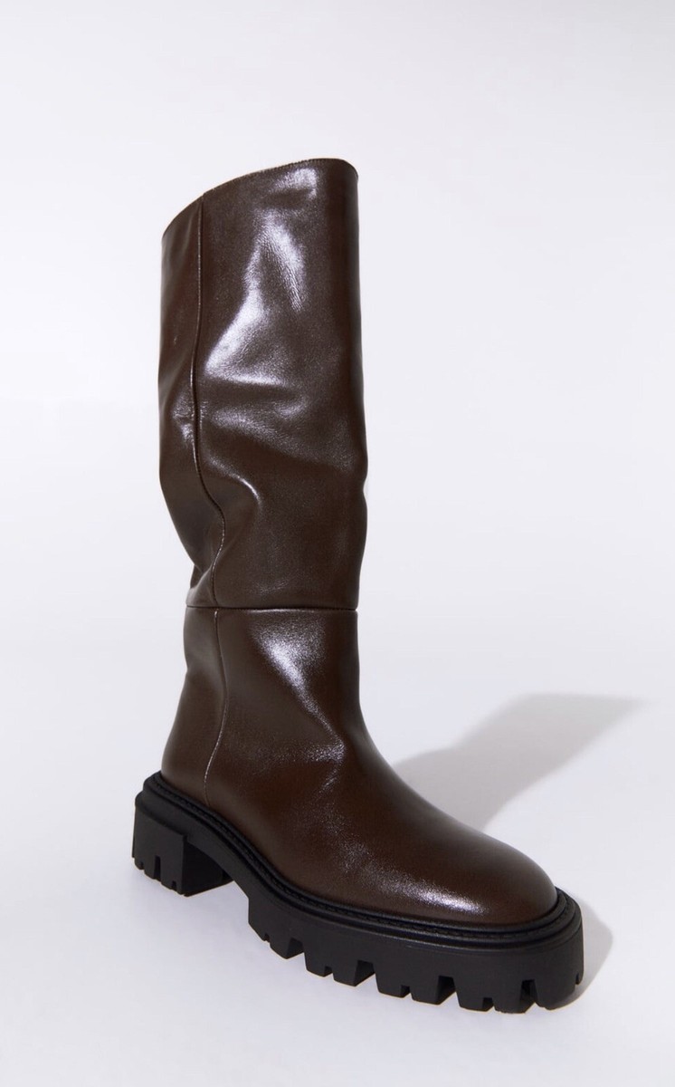 Zara Dark Brown Flat Real Leather Track Sole Knee High Boots Zara Dark Brown Flat Real Leather Track Sole Knee High Boots