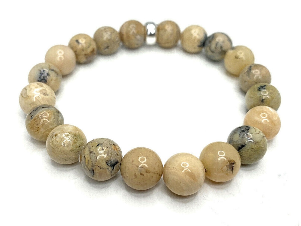 Handmade 10mm African White Opal Gemstone Sterling Silver Bead  Bracelet