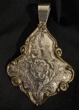 Large Silver Pendant Gold Trim Etched Floral Design VTG MEXICO  3.5"  BRUTALIST