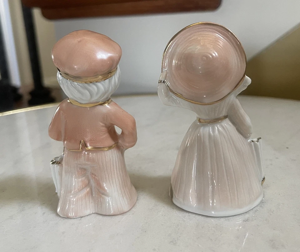 Estatuillas de porcelana vintage de melocotón elegancia artesanía regalo niña y niño acento dorado Foto 2 de 4