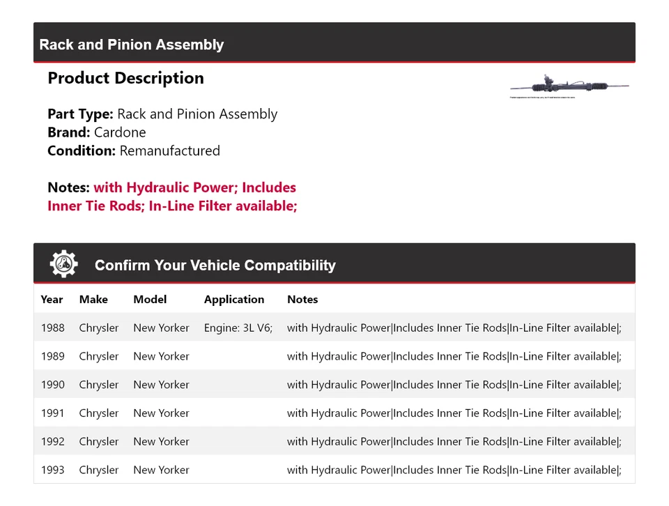 For 1988-1993 Chrysler New Yorker Rack and Pinion Assembly Cardone 1989 1990 - Image 2 of 4
