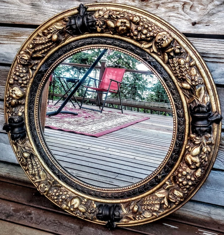 Espejo de Pared Decorativo Grande 31" Redondo Vintage Dorado Marco Rústico Decoración Granja Foto 2 de 4