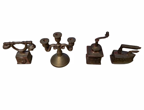 Lot of 4 Vintage Brass Dollhouse Miniatures Phone Candelabra Iron Grinder
