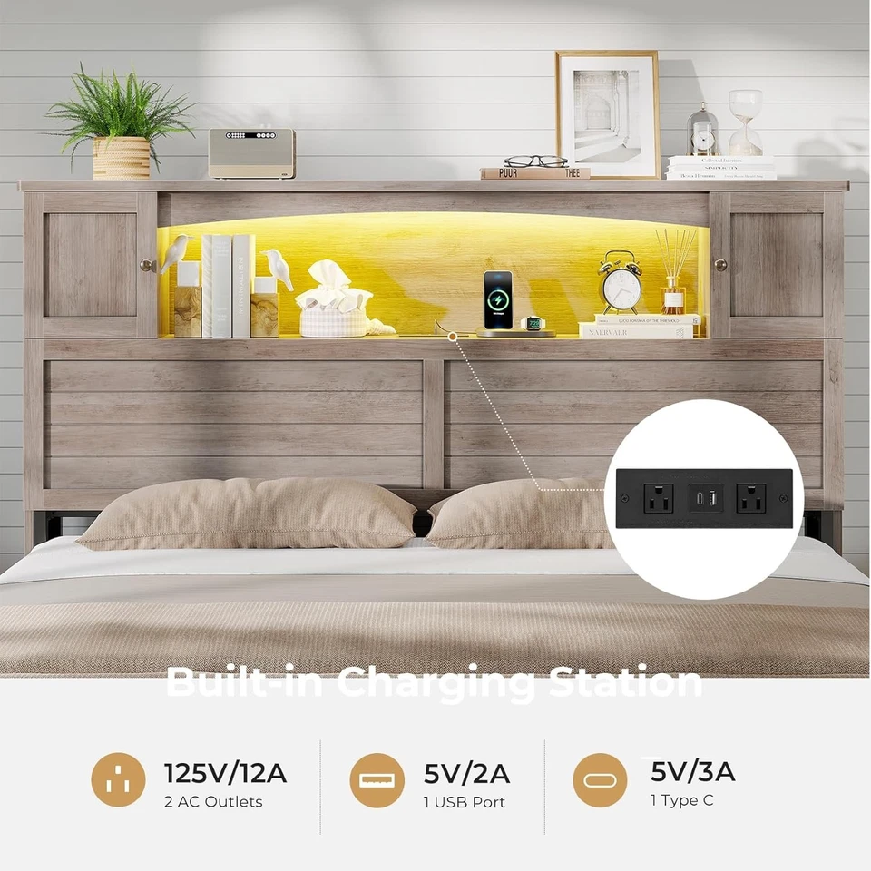 Marco de cama de granja tamaño completo con estantería y armarios de almacenamiento cabecero gris Foto 4 de 4