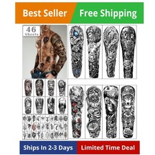 46 sheets Full Arm Skull Temporary Tattoos For Men Half Arm Shoulder Angel Ta...