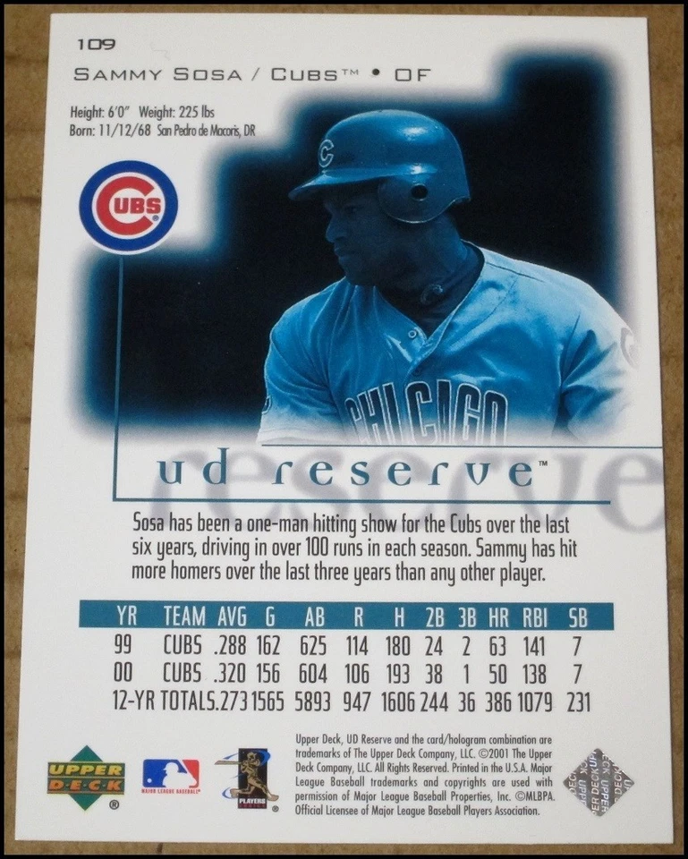 2001 Upper Deck UD Reserve Sammy Sosa Baseball Card #109 Chicago Cubs NRMT - Image 3 of 3