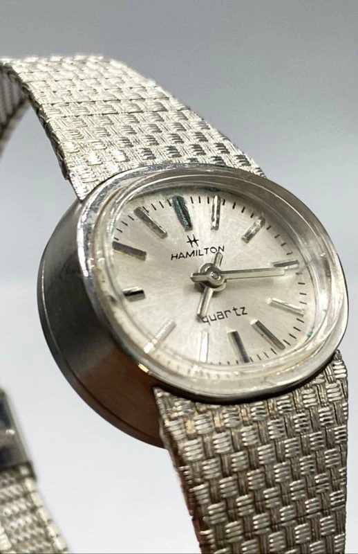 Reloj Pulsera Hamilton 21mm Chapado en Oro Blanco 10k De Colección Raro Cuarzo Para Mujer Foto 4 de 4