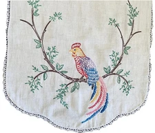 VTG MidCentury Hand Embroidered Table Runner 35”x16” Tropical Bird Motif