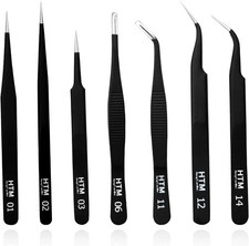 Hengtianmei 7Pcs Precision Micro Tweezers Set, Anti-Static Stainless Steel, 3 Sh