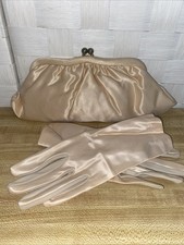Vintage Beige Satin Clutch Evening Bag Purse Kiss Clasp Matching Gloves