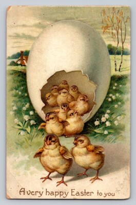 c1910 Fantasy Chicks Hatching From Huge Exaggerate Egg Mirror Easter P81A