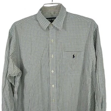 Polo Golf Ralph Lauren Lofting Cotton Button Up Shirt Size L Blue Plaid FLAWS 