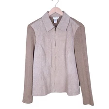 Coldwater Creek Womens Leather Sweater Jacket Large L Brown Tan Full Zip Knit