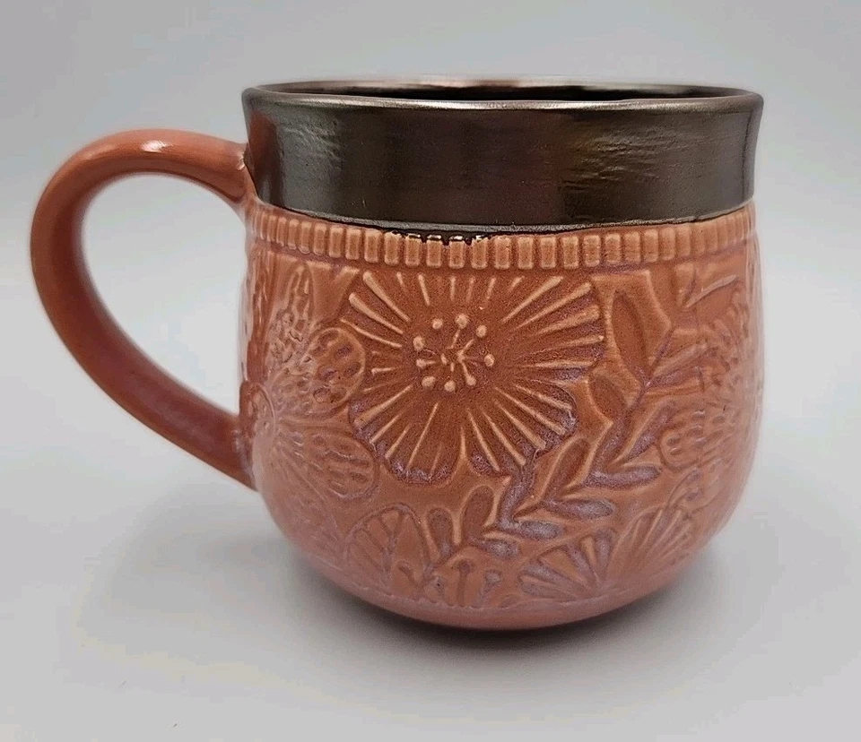 Potter's Corner Embossed Flower Stoneware Mug Dusty Coral w/ Bronze Metallic Rim - Image 3 of 4