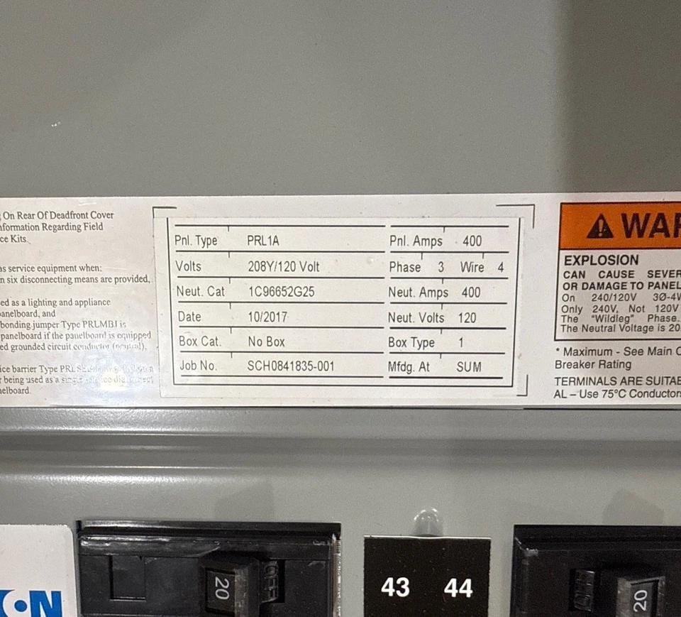 Eaton PRL1A Interior Panelboard 400 Amp Panel 400A 208/120V 3PH 4W MLO 42 Cir - Image 3 of 4