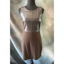 B44 Dressed Dress Women's Sleeveless Mini Bodycon Brown Gray Faux Leather Panel