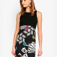 EUC! Desigual/Lacroix "Sheila" Black Multicolor Sleeveless Midi Dress Sz 42