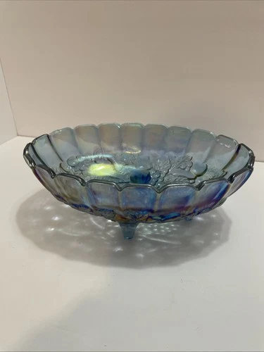 Vintage Large Indiana Grape Iridescent Blue Oval Carnival Glass Fruit Bowl