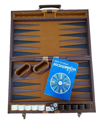 Vintage 70's Skor-Mor Backgammon Set Brown Vinyl Case 5 Dice, Orig. Inst. Father