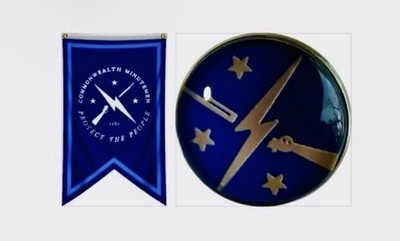 FALLOUT COMMONWEALTH MINUTE MEN LOGO LAPEL PIN & Cloth BANNER Game Memorabilia