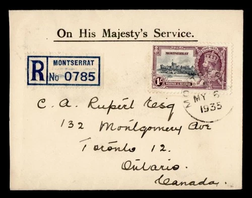 DR WHO 1935 MONTSERRAT FDC KGV REGISTERED OHMS TO CANADA M71144