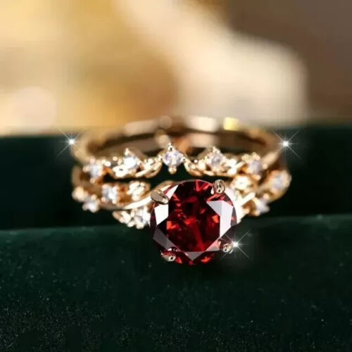3Ct Round Cut Ruby Wedding Bridal Set Ring 14K Yellow Gold Plated
