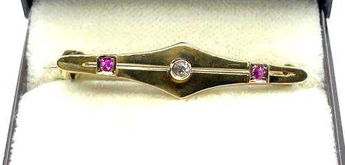 Jugendstil edle 585 Gold 14 K Brosche Stabbrosche 1 Altschliff Diamant 2 Rubine