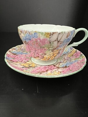 VTG Shelley England  Bone China Mint Green ''Rock Garden'' Chintz Tea Cup & Saucer